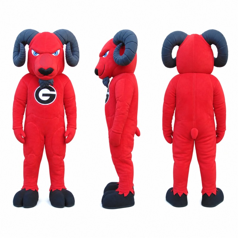 Ram Athlete Mascot Costume in Red with Black Horns Adult