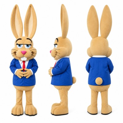 Rabbit Mascot Costume in Tan with Blue Sweater Adult