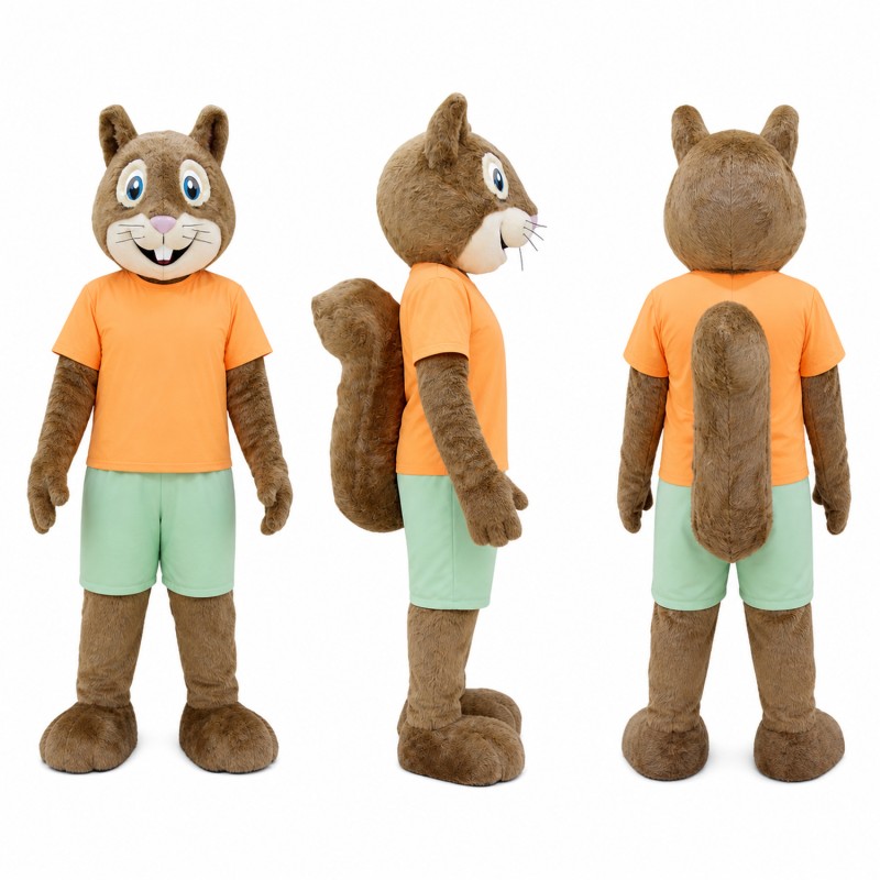 Squirrel Mascot Costume in Brown with Orange Shirt Adult
