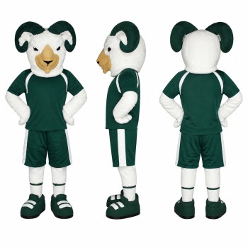 Ram Athlete Mascot Costume in White with Green Uniform Adult