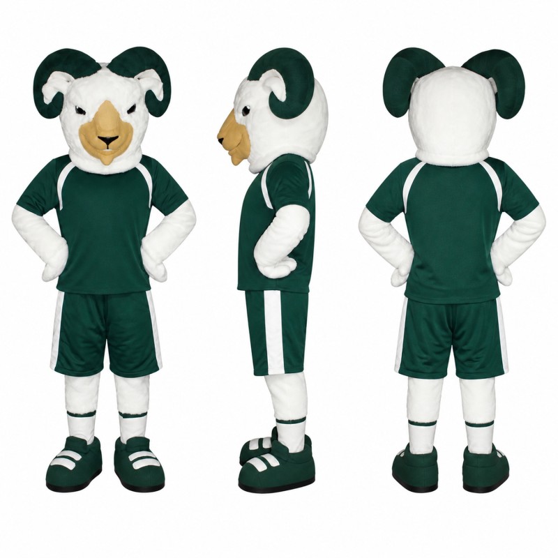 Ram Athlete Mascot Costume in White with Green Uniform Adult