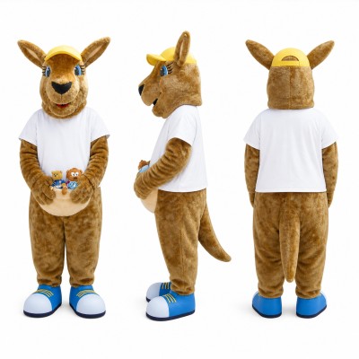 Kangaroo Mascot Costume in Brown with White Shirt Adult