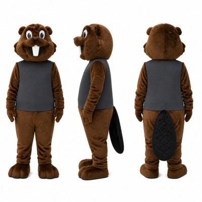Beaver Mascot Costume in Brown with Dark Gray Shirt Adult