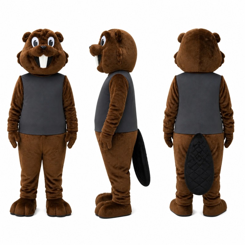 Beaver Mascot Costume in Brown with Dark Gray Shirt Adult