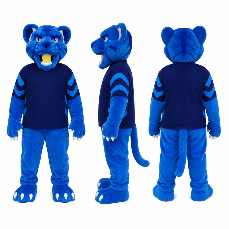 Panther Mascot Costume in Bright Blue with Navy Shirt Adult