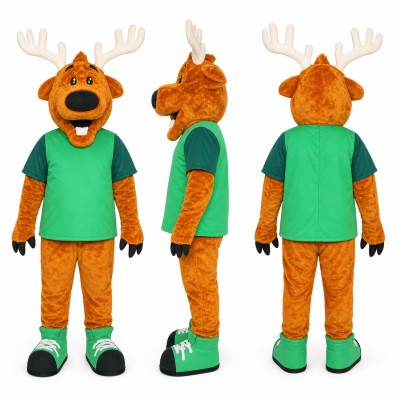 Deer Mascot Costume in Brown with Green Shirt Adult