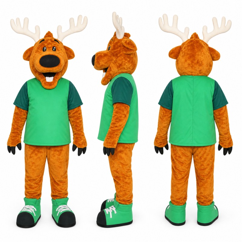 Deer Mascot Costume in Brown with Green Shirt Adult