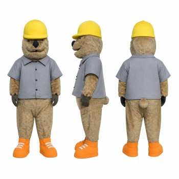 Construction Worker Mascot Costume in Tan with Yellow Hard Hat Adult