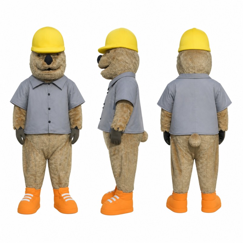 Construction Worker Mascot Costume in Tan with Yellow Hard Hat Adult
