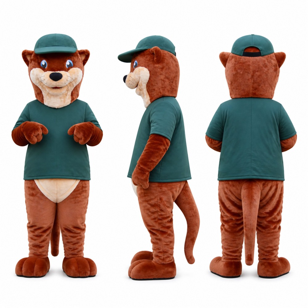 Otter Mascot Costume in Brown with Green Shirt and Cap Adult Otter Mascot Costume in Brown with Green Shirt and Cap Adult