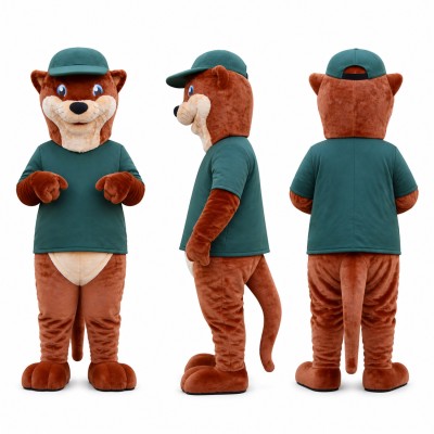 Fox Mascot Costume in Brown with Green Shirt and Cap Adult