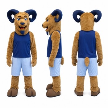 Ram Athlete Mascot Costume in Brown with Navy Uniform Adult
