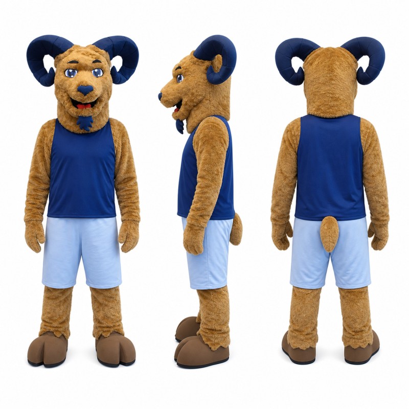 Ram Athlete Mascot Costume in Brown with Navy Uniform Adult