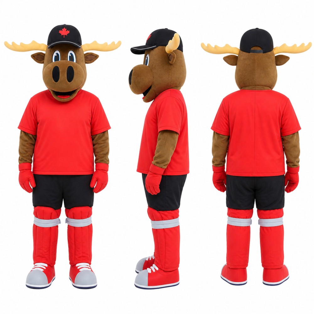 Moose Athlete Mascot Costume in Brown with Red Uniform Adult Moose Athlete Mascot Costume in Brown with Red Uniform Adult