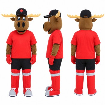 Moose Athlete Mascot Costume in Brown with Red Uniform Adult