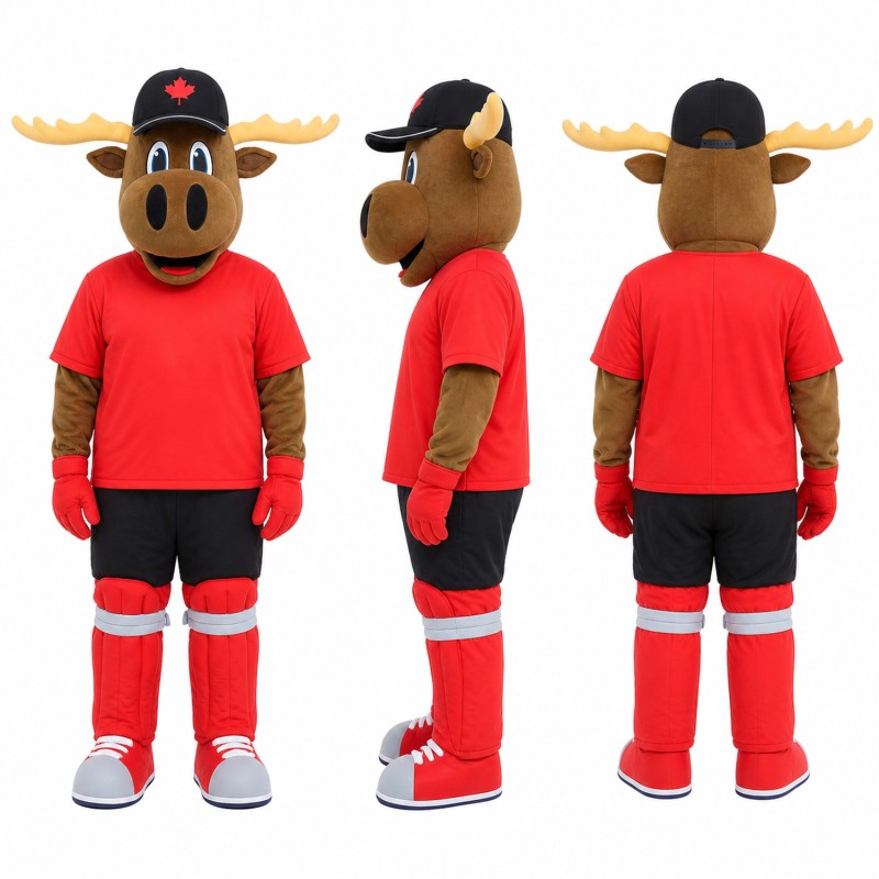 Moose Athlete Mascot Costume in Brown with Red Uniform Adult
