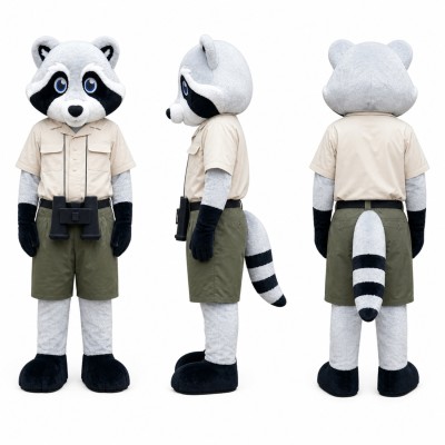 Raccoon Explorer Mascot Costume in Gray with Tan Outfit Adult