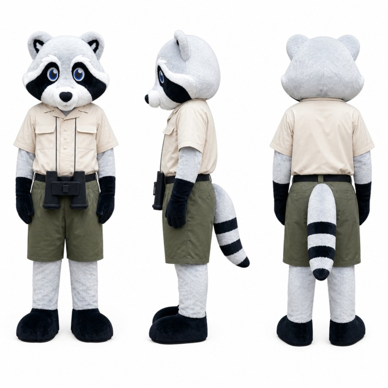 Raccoon Explorer Mascot Costume in Gray with Tan Outfit Adult