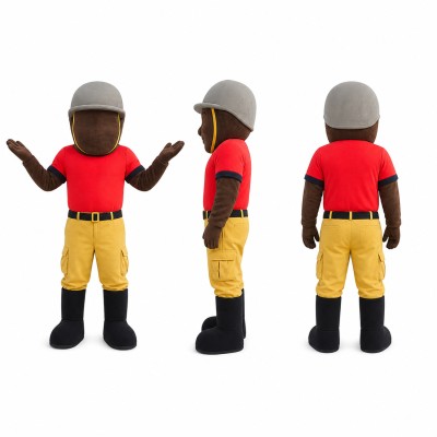 Construction Worker Mascot Costume with Gray Helmet and Red Shirt Adult