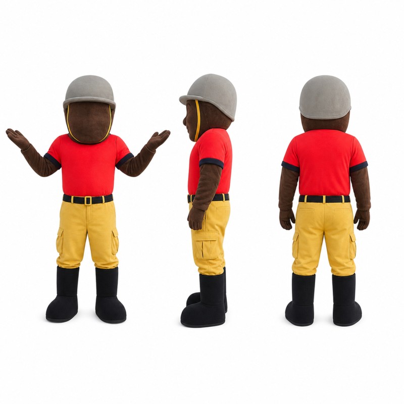 Construction Worker Mascot Costume with Gray Helmet and Red Shirt Adult