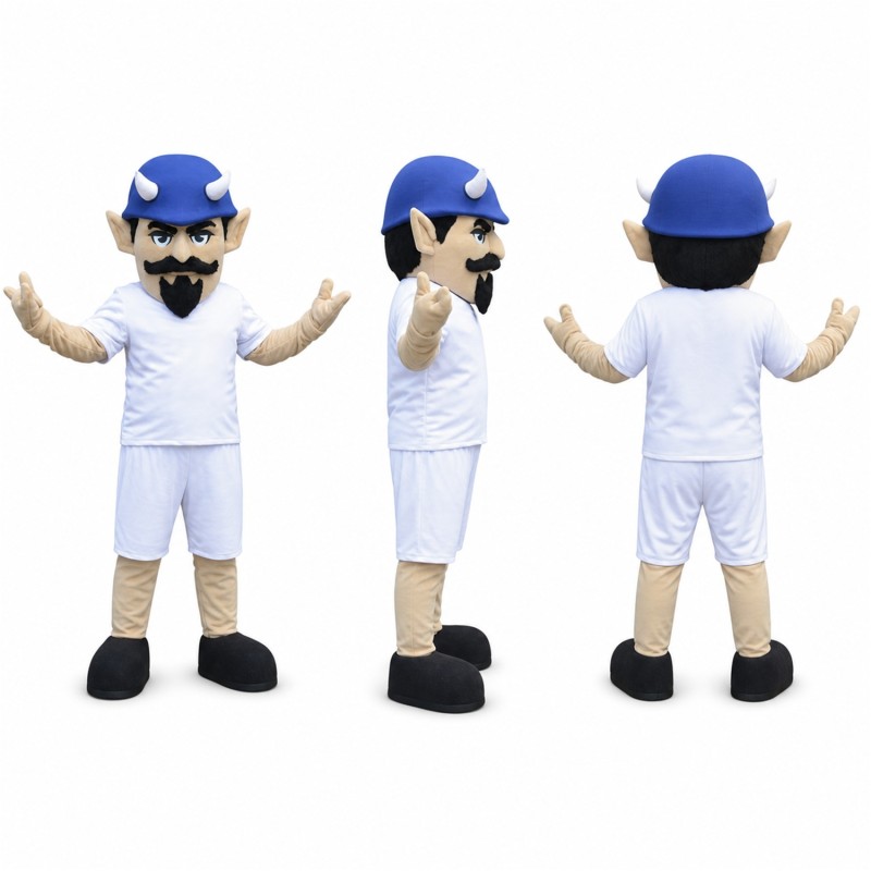 Bearded Athlete Mascot Costume in White and Blue Adult