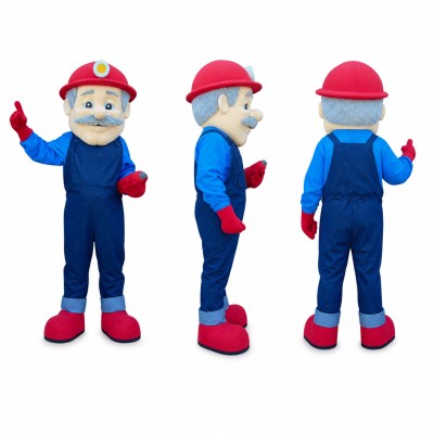 Mechanic Mascot Costume in Blue Overalls with Red Cap Adult