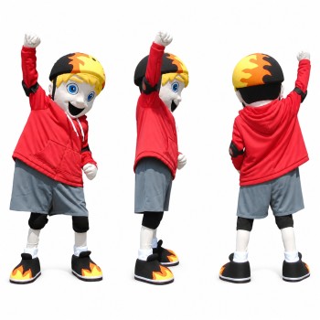 Teen Boy Mascot Costume in Red Hoodie with Gray Shorts Adult