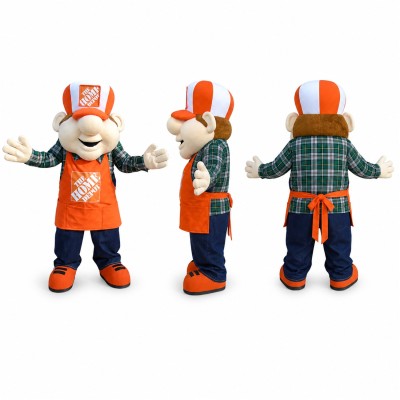 Store Worker Mascot Costume in Orange Apron and Cap Adult