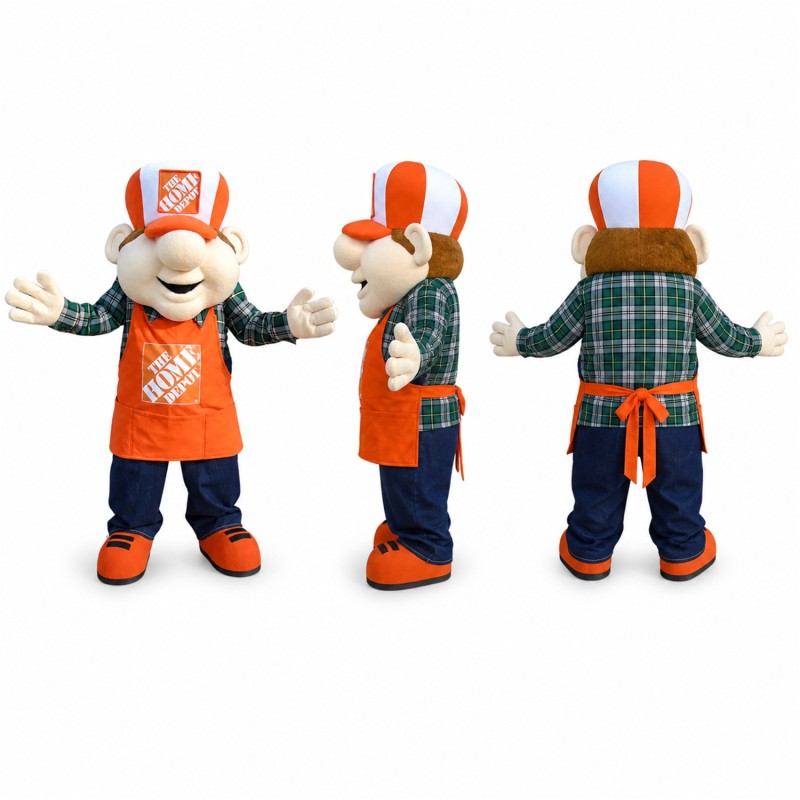 Store Worker Mascot Costume in Orange Apron and Cap Adult