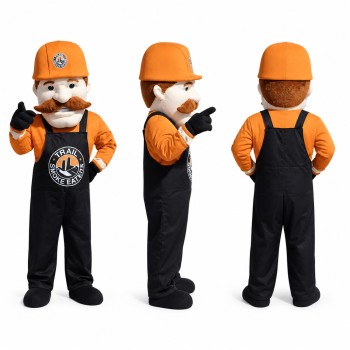 Mustached Worker Mascot Costume in Orange and Black Adult