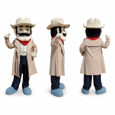 Cowboy Mascot Costume in Tan Trench Coat with White Hat Adult