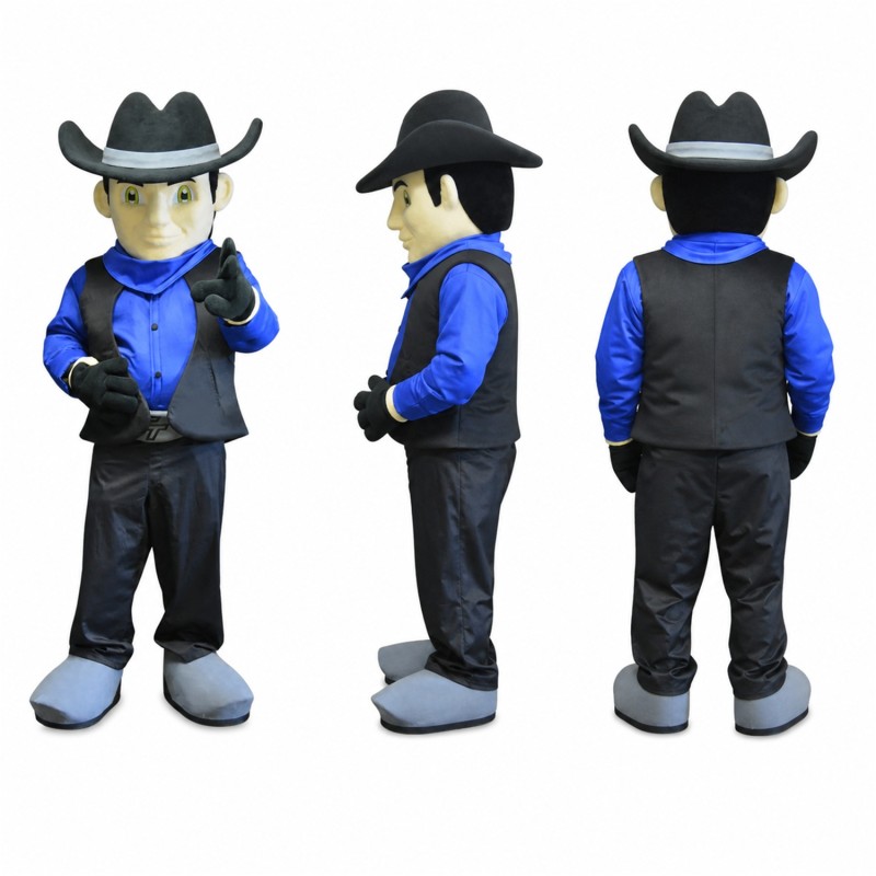 Cowboy Mascot Costume in Blue and Black with Gray Hat Adult