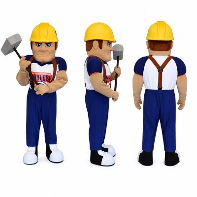 Construction Worker Mascot Costume with Yellow Hard Hat and Hammer Adult