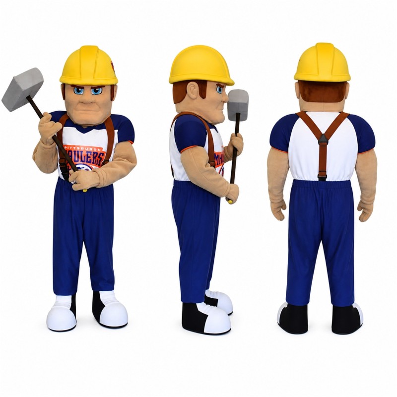Construction Worker Mascot Costume with Yellow Hard Hat and Hammer Adult