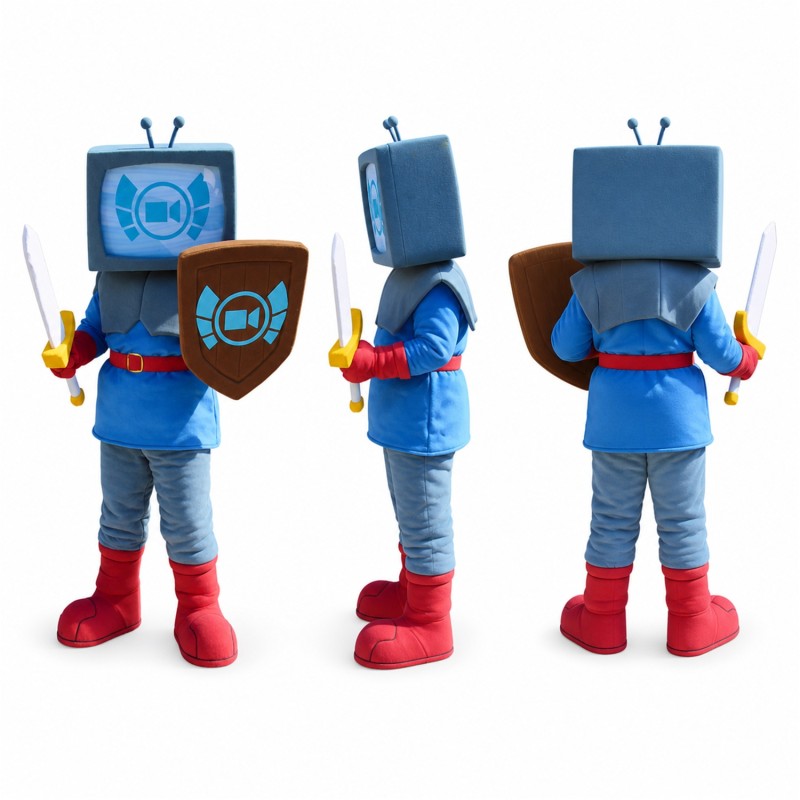 Television Robot Mascot Costume in Blue with Sword and Shield Adult