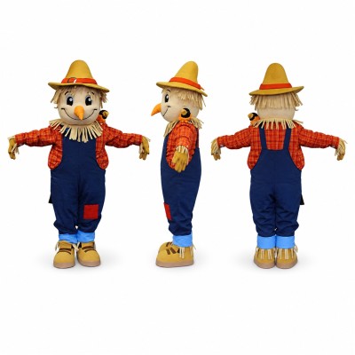 Scarecrow Mascot Costume with Straw Hat and Orange Shirt Adult