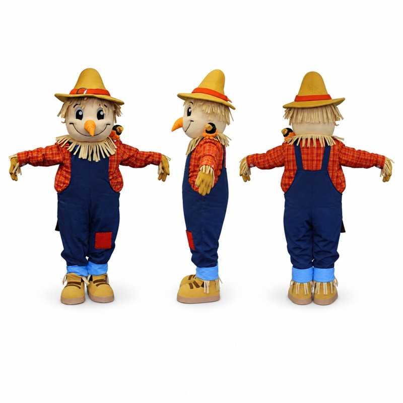 Scarecrow Mascot Costume with Straw Hat and Orange Shirt Adult