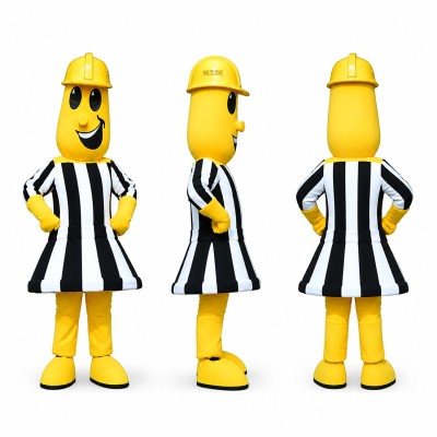 Banana Referee Mascot Costume in Yellow with Black Stripes Adult