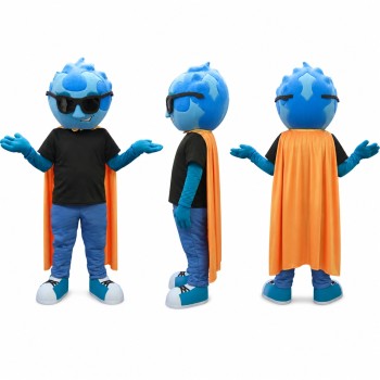 Boy Superhero Mascot Costume in Blue with Orange Cape Adult