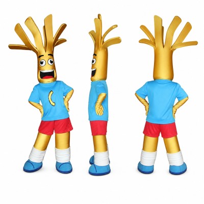 French Fries Mascot Costume in Gold with Blue Shirt Adult