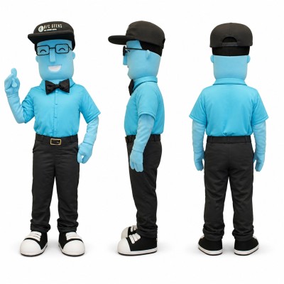Worker Mascot Costume in Blue with Black Cap Adult