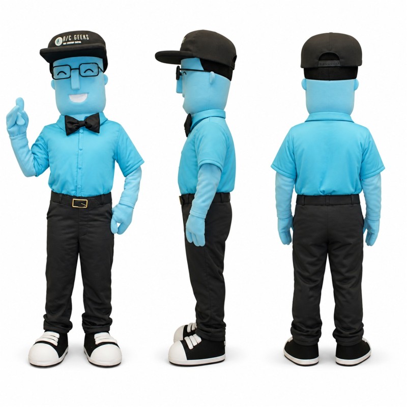 Worker Mascot Costume in Blue with Black Cap Adult