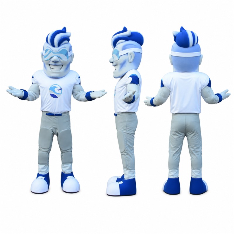 Blue Hair Athlete Mascot Costume in White and Gray Adult