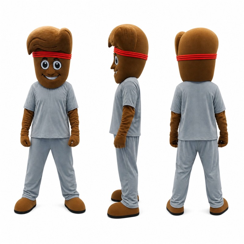 Boy Mascot Costume in Gray with Brown Cap Adult