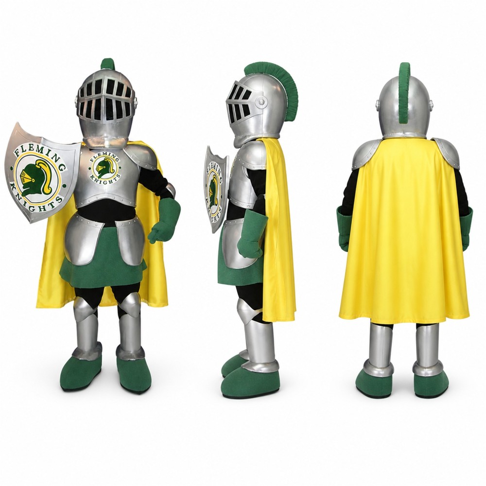 Knight Mascot Costume in Silver with Green Cape Adult Knight Mascot Costume in Silver with Green Cape Adult