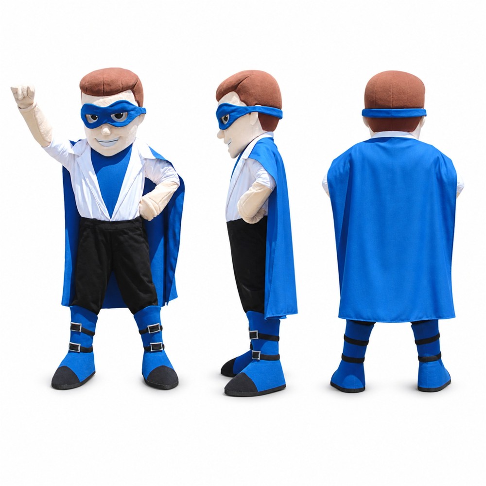 Male Superhero Mascot Costume in Blue and White Adult