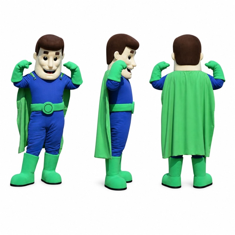 Male Superhero Mascot Costume in Green and Blue Adult