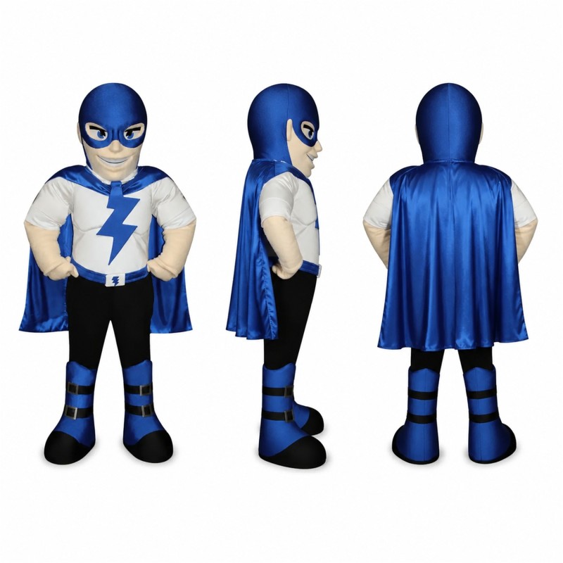 Male Superhero Mascot Costume in Blue with Lightning Detail Adult