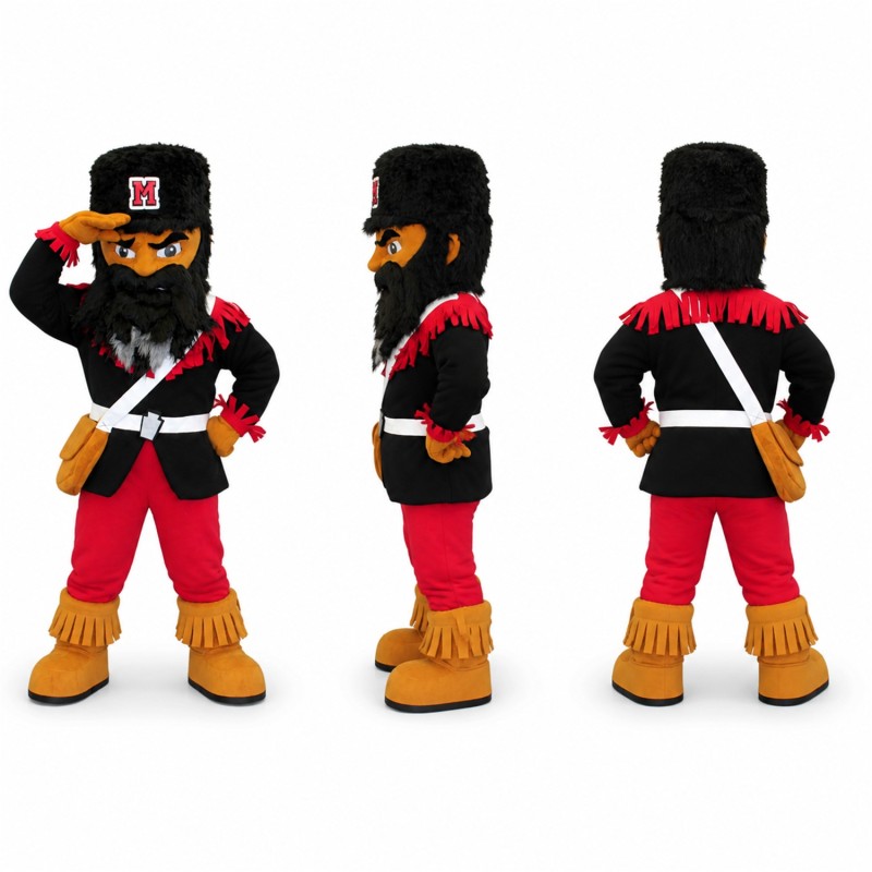 Soldier Mascot Costume in Black and Red with Fur Hat Adult