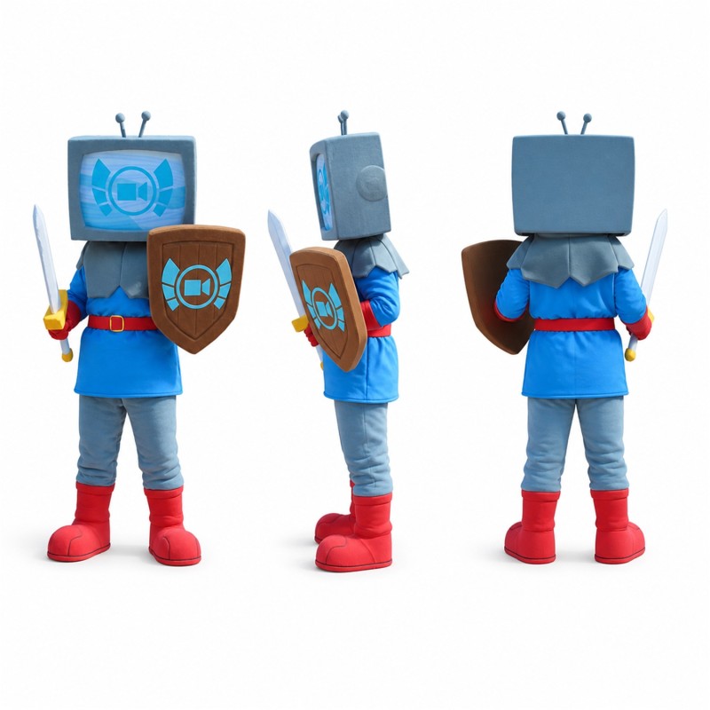 Television Robot Mascot Costume in Blue with Sword and Shield Adult